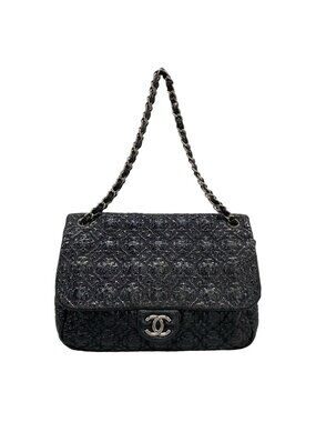 Chanel Shoulder Bag Black Chain Silver Embroidery Leather
